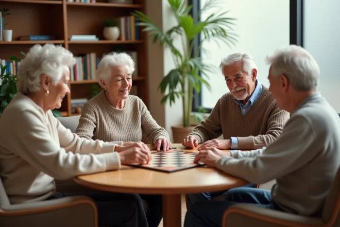 Groupe de personnes âgées jouant ensemble dans le salon commun d'une résidence services