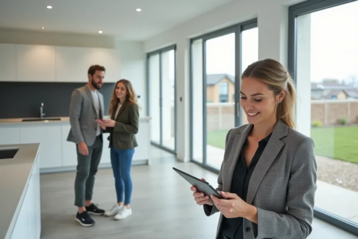 Agent immobilier présentant un appartement neuf à une famille dans un programme immobilier en France