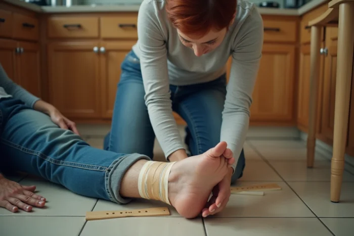 Femme réalisant une attelle de fortune sur la jambe d'un homme allongé dans une cuisine lors d'une situation d'urgence domestique