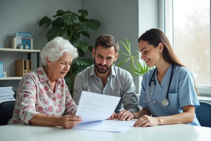 Famille et aide-soignante professionnelle réunies autour d'un plan de soins pour organiser la prise en charge d'un proche en perte d'autonomie