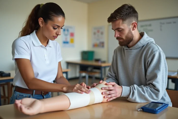 Deux stagiaires en secourisme pratiquant l'application d'une attelle sur un mannequin lors d'une formation aux premiers secours en salle