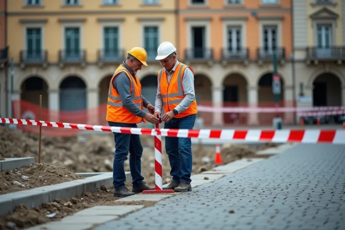 Deux ouvriers déployant un ruban de balisage rouge et blanc autour d'un chantier de rénovation sur une place pavée en centre-ville