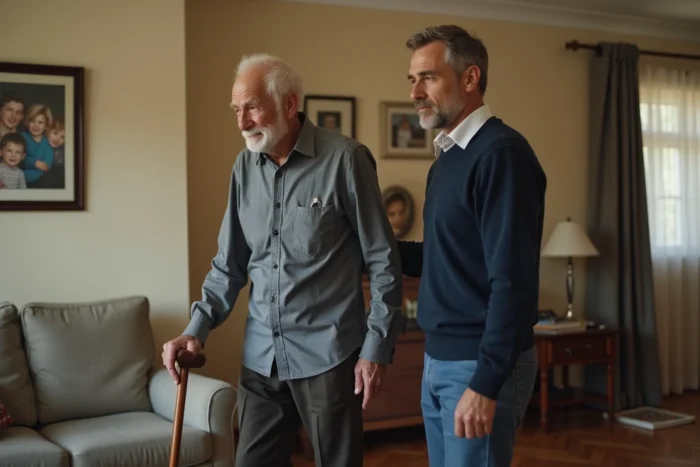Homme âgé marchant avec une canne dans son salon accompagné de son fils adulte, illustrant le maintien à domicile et la perte d'autonomie
