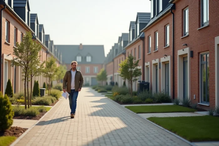 Homme visitant un quartier résidentiel neuf en France avec des maisons modernes et des jardins aménagés