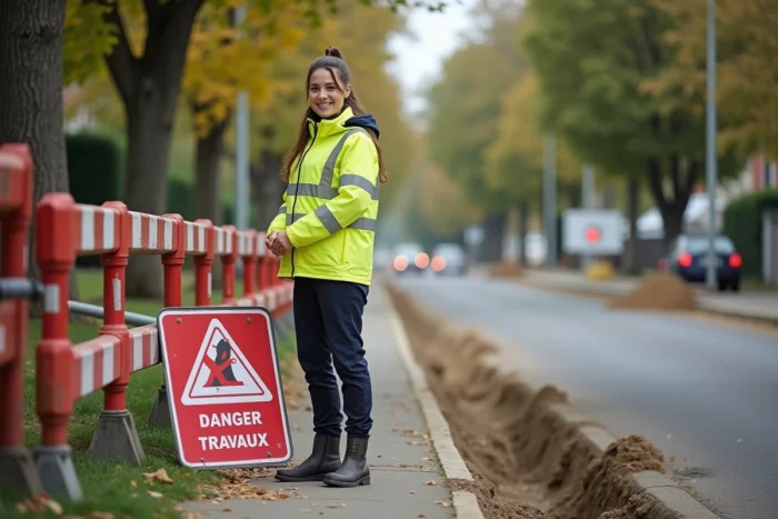 Femme responsable sécurité installant une barrière de chantier et un panneau d'avertissement sur un trottoir de banlieue