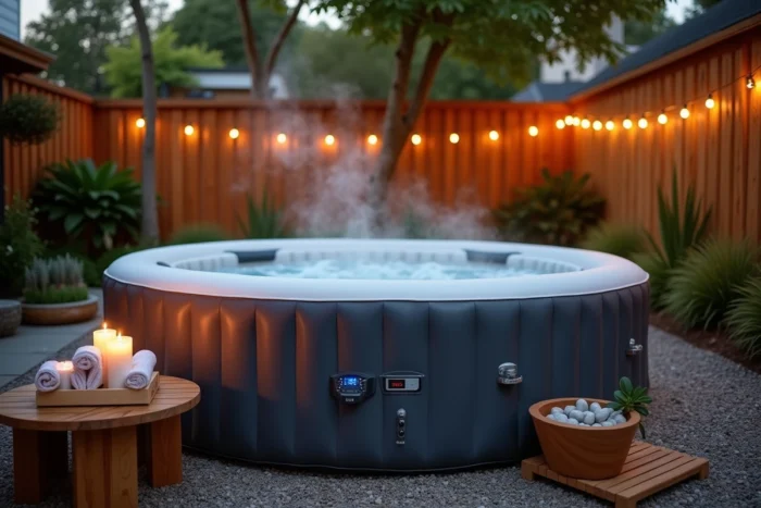Spa gonflable vide dans un jardin au crépuscule avec serviettes, bougies et lumières décoratives